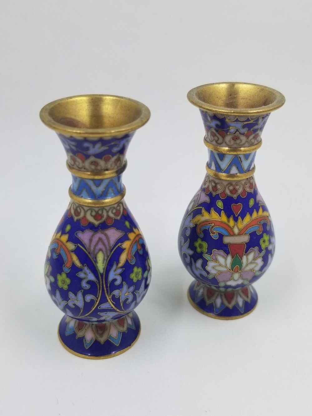 Pair of Miniature Floral Cloisonné Vases with Black Stands